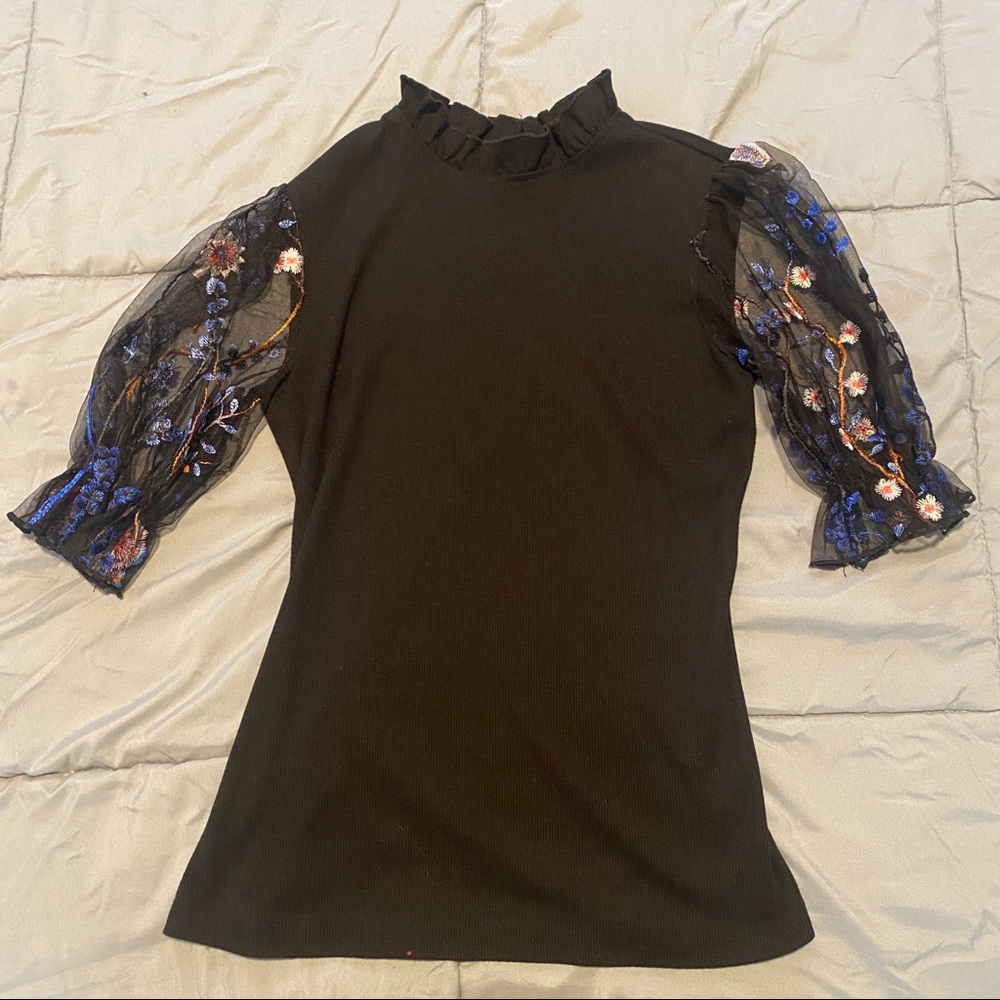 Romwe Black top with floral embroidered sleeves